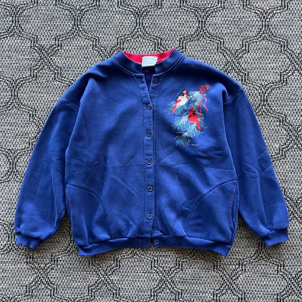 Artisans Sweatshirt Women L-XL Blue Cardigan Cardinal Embroidered Grandma‎ 90s